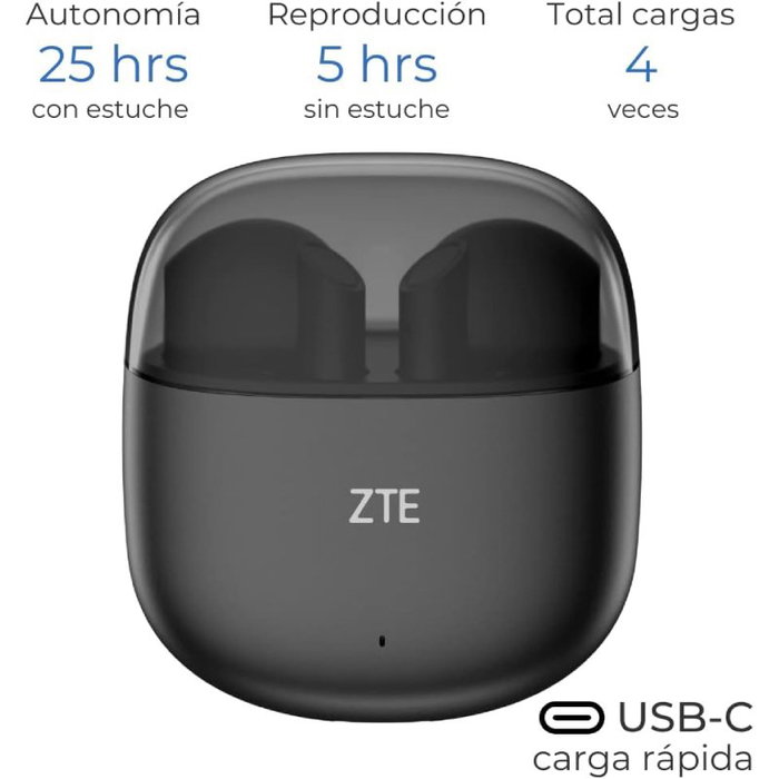 ZTE Buds 2 Auriculares Inalámbricos Bluetooth 5.3 con Estuche de Carga, 25h Autonomía Total, Control Táctil, Resistencia IPX4 al Agua, Color Negro - EB2201